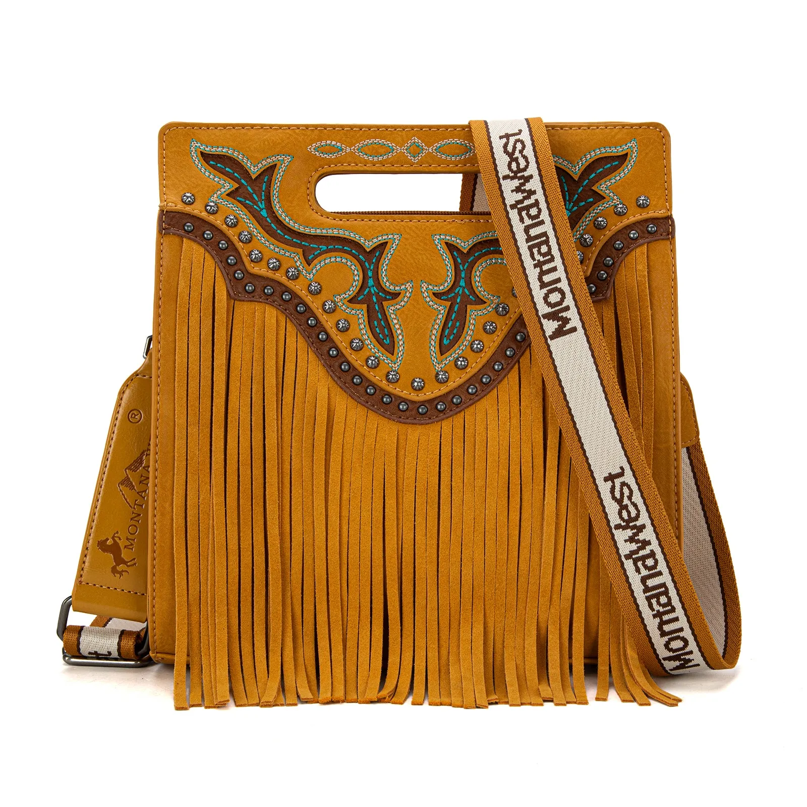 MW1281G-9360  Montana West Fringe Embroidered Concealed Carry Tote/Crossbody - Mustard