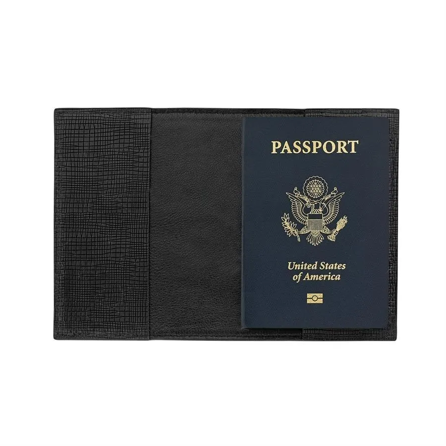 Passport Holder - Black Embossed Plaid Leather - Personalized