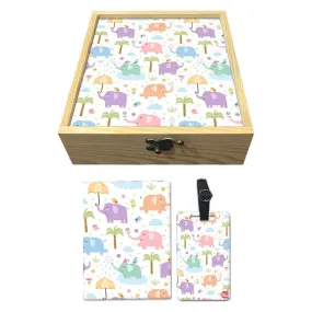 Passport Holder Cover For Kids Luggage Tag Wooden Gift Box Set - Elephant