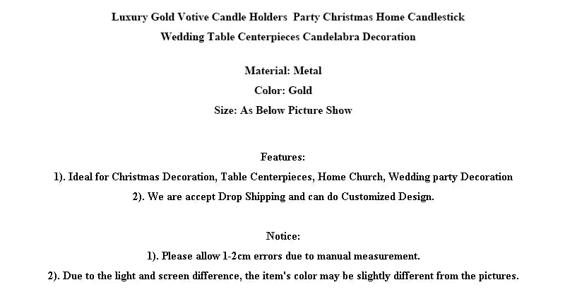 PEANDIM Luxury Gold Votive Candle Holders  Party Christmas Home Candlestick Wedding Table Centerpieces Candelabra Decoration