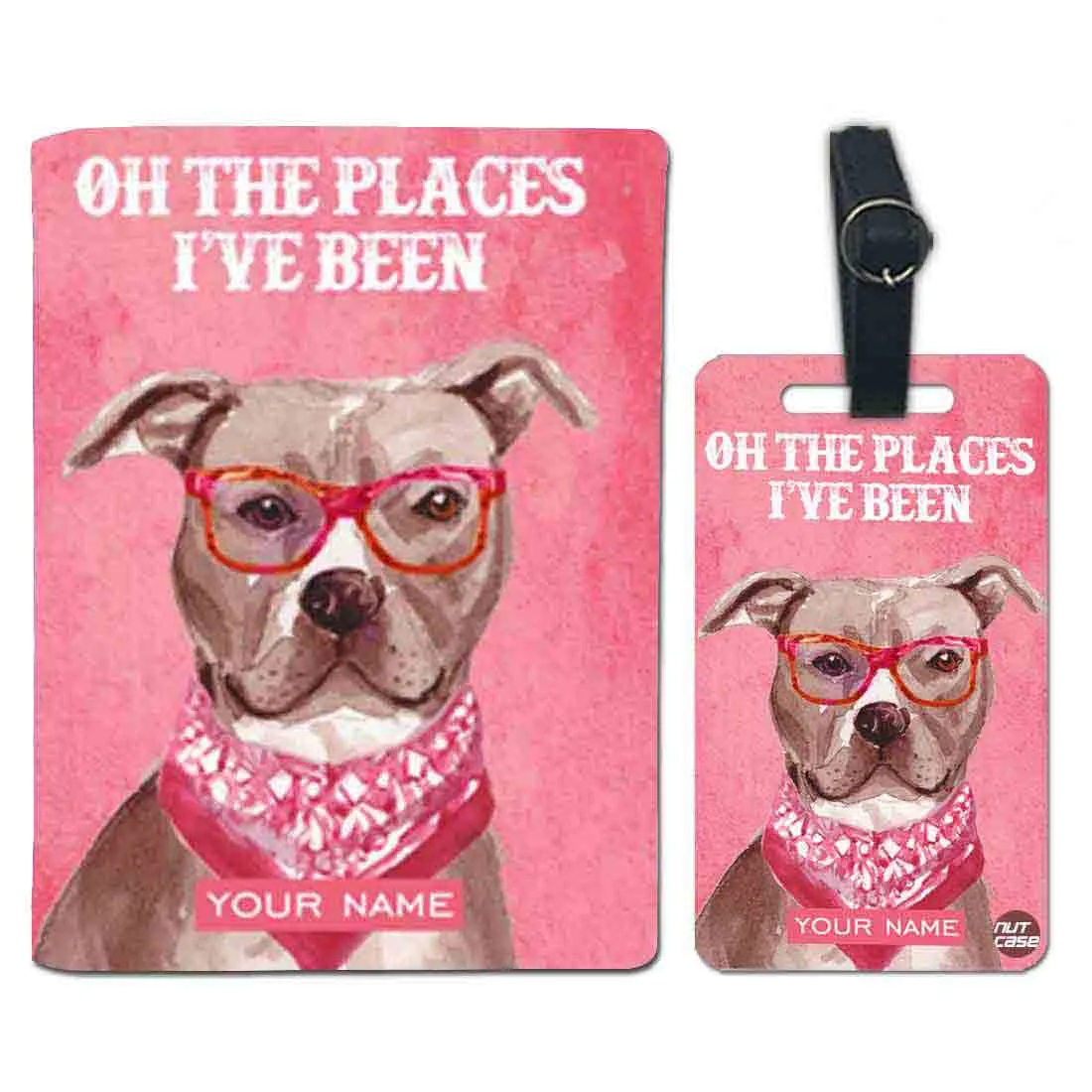 Personalized Passport Cover Suitcase Tag Set - Pink Lab Dog