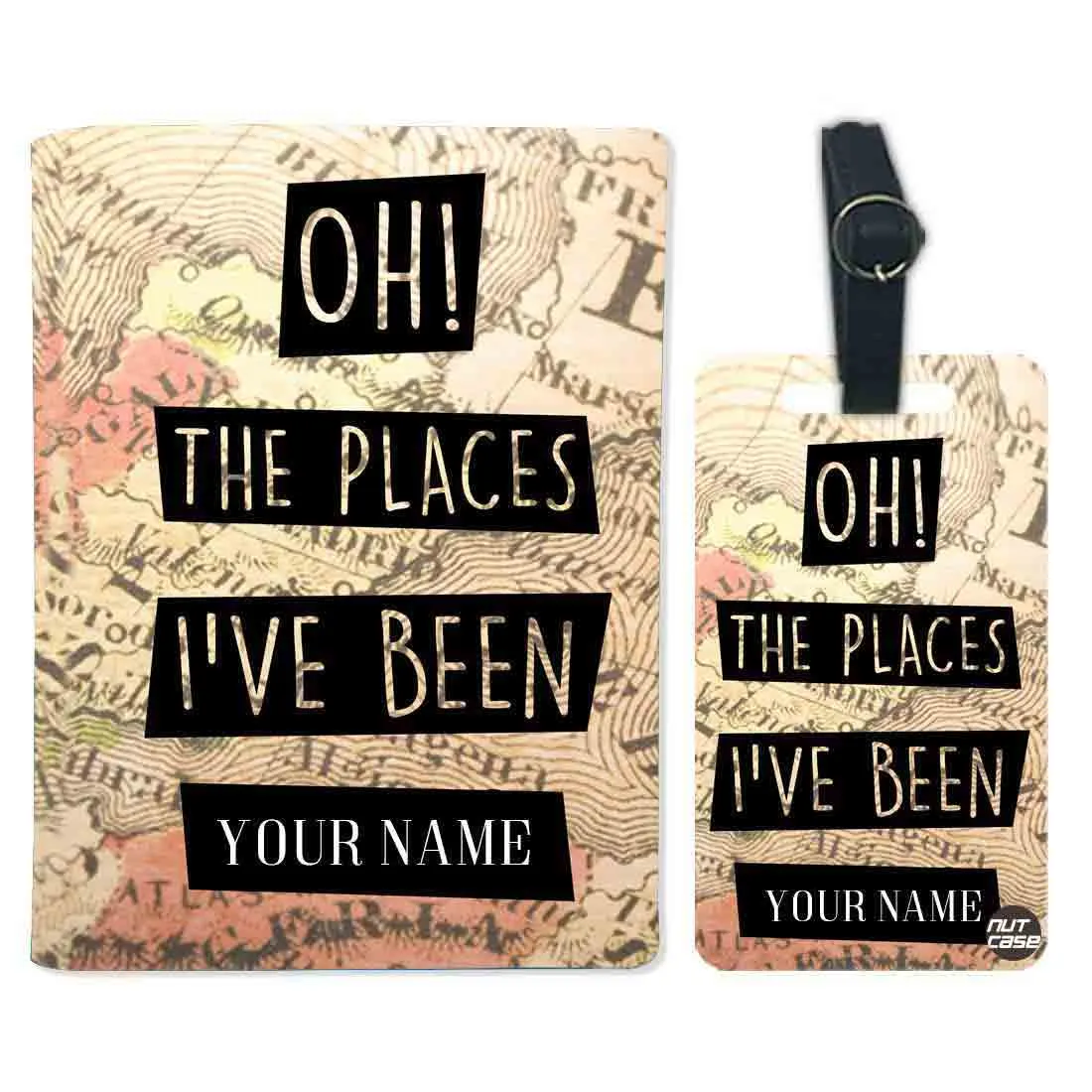 Personalized Passport Cover Suitcase Tag Set - Vintage Map Places