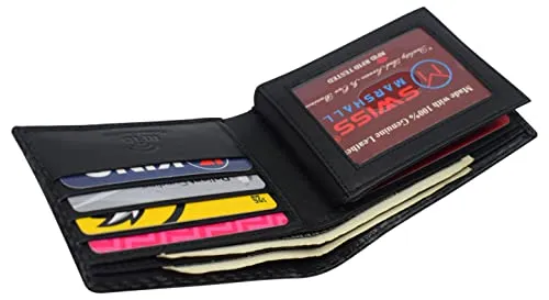 RFID590052CBK Mens Carbon Fiber Leather Bifold Wallet with ID Window RFID Blocking Multi Card Holder Front & Back Pocket Wallet for Men with 2 Money Compartments