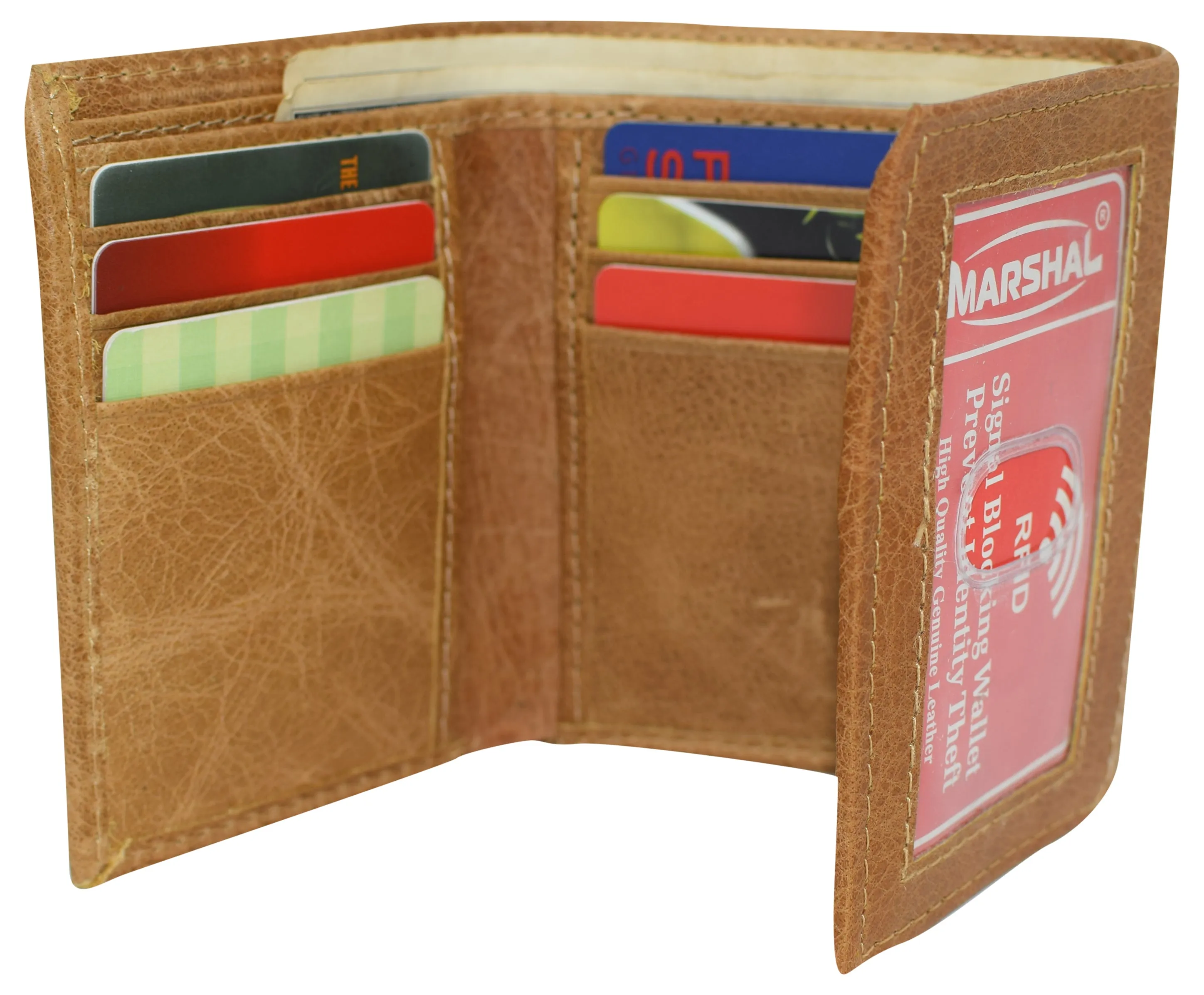 RFID621355TN Marshal RFID Blocking Men's Cowhide Leather Outside ID Credit Card Holder Trifold Tan Wallet