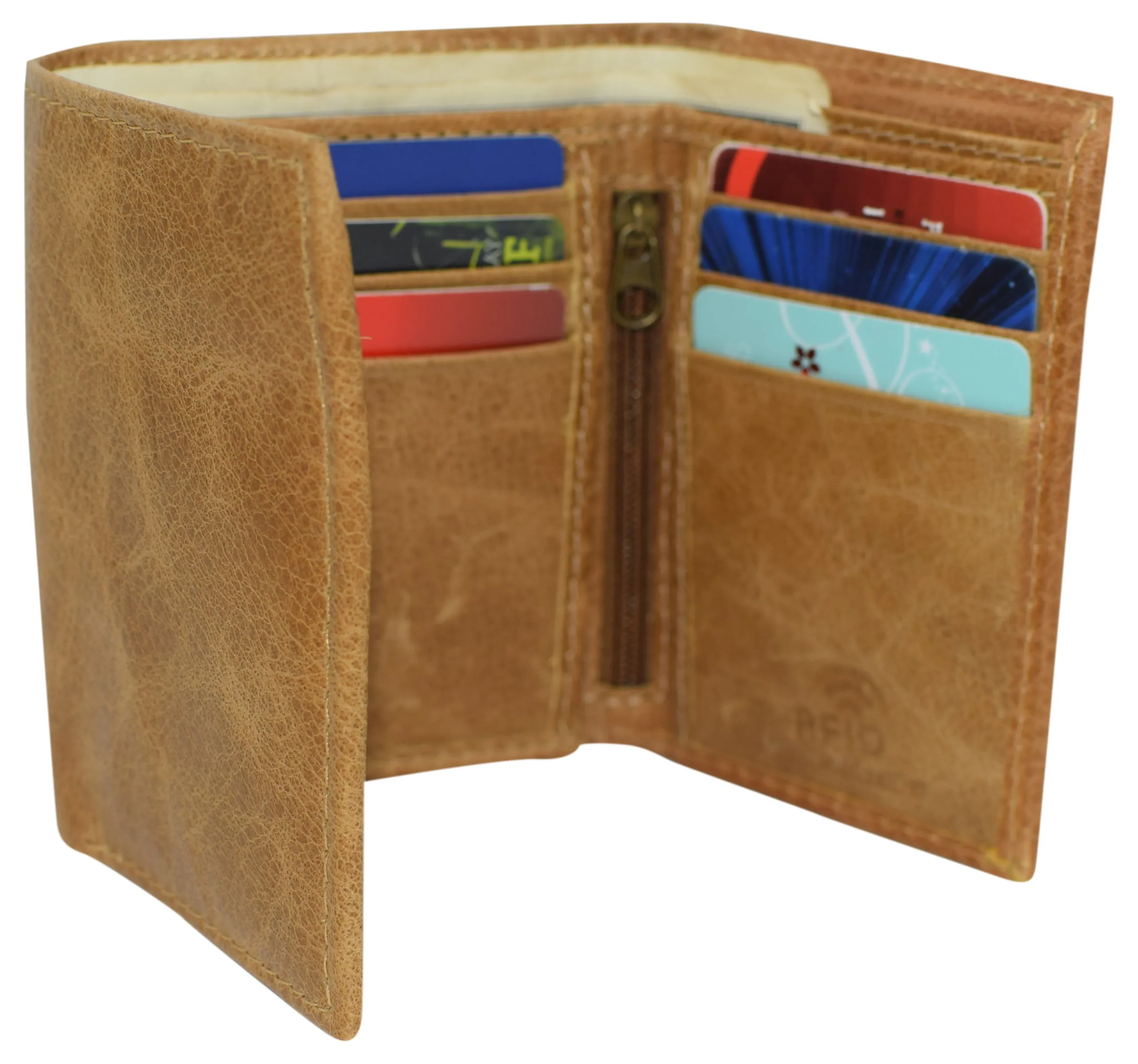 RFID621355TN Marshal RFID Blocking Men's Cowhide Leather Outside ID Credit Card Holder Trifold Tan Wallet