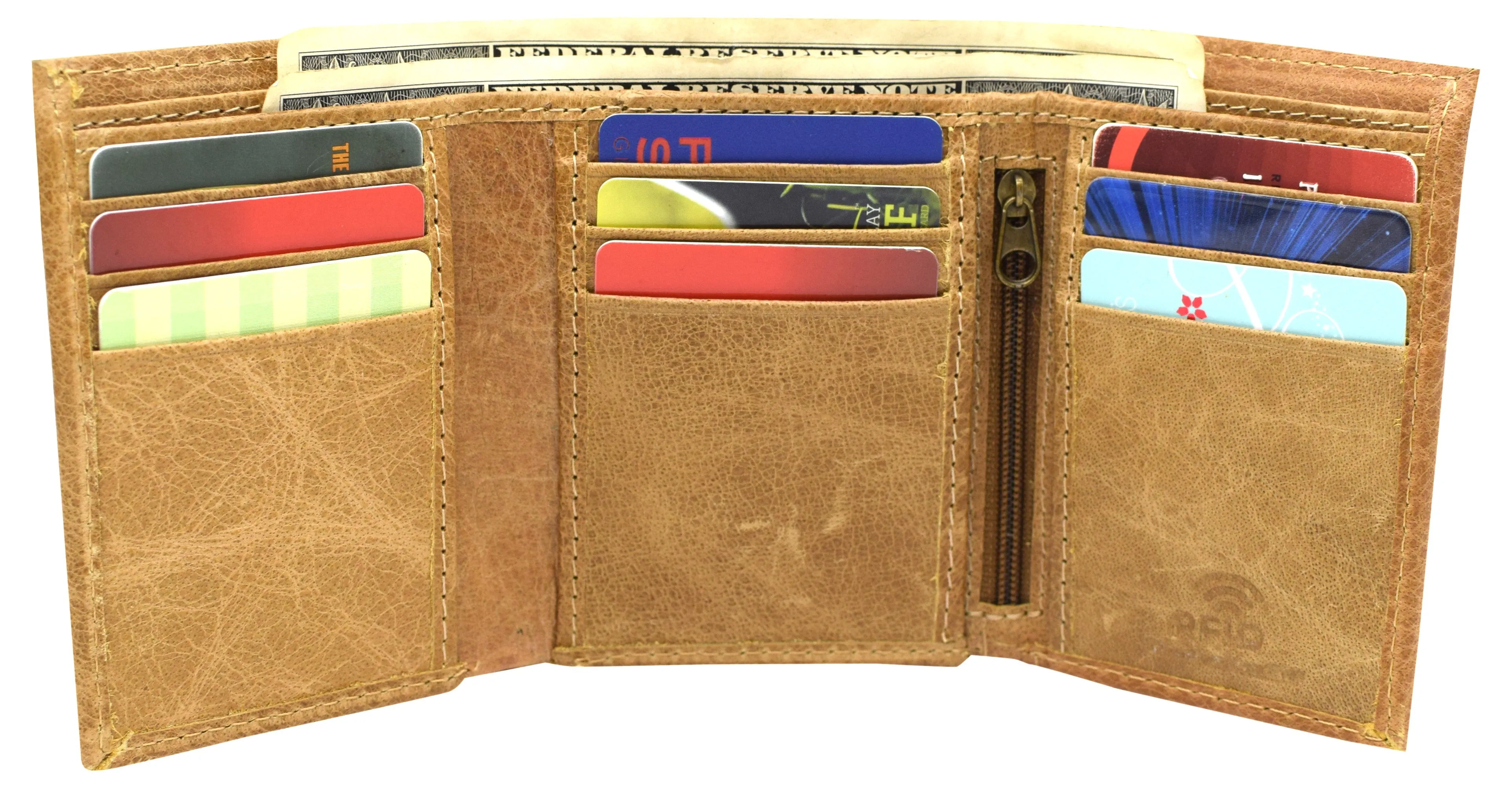 RFID621355TN Marshal RFID Blocking Men's Cowhide Leather Outside ID Credit Card Holder Trifold Tan Wallet