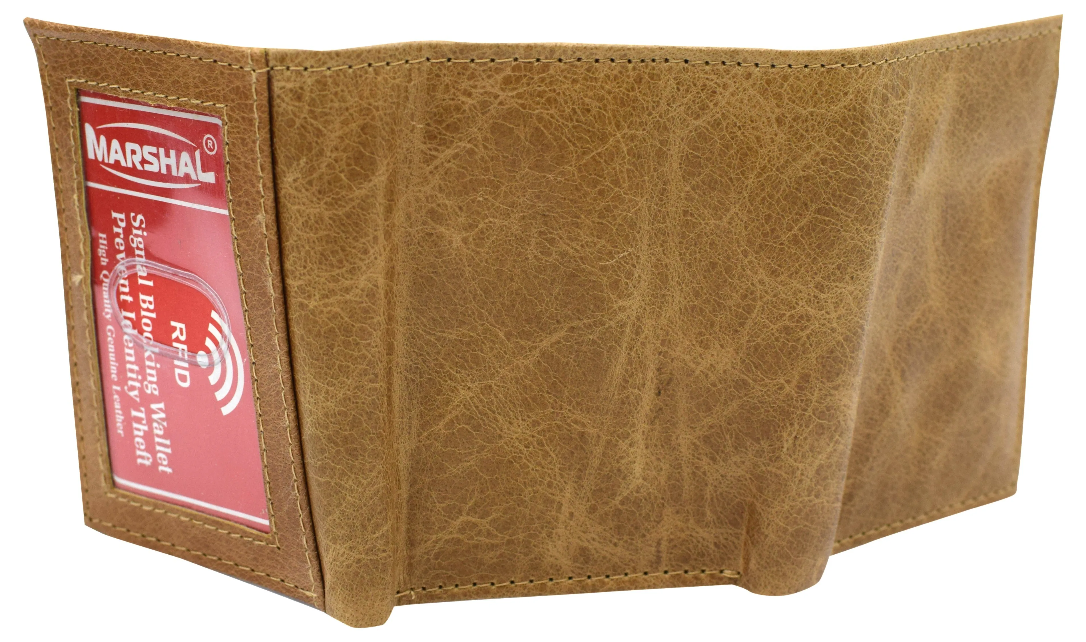 RFID621355TN Marshal RFID Blocking Men's Cowhide Leather Outside ID Credit Card Holder Trifold Tan Wallet