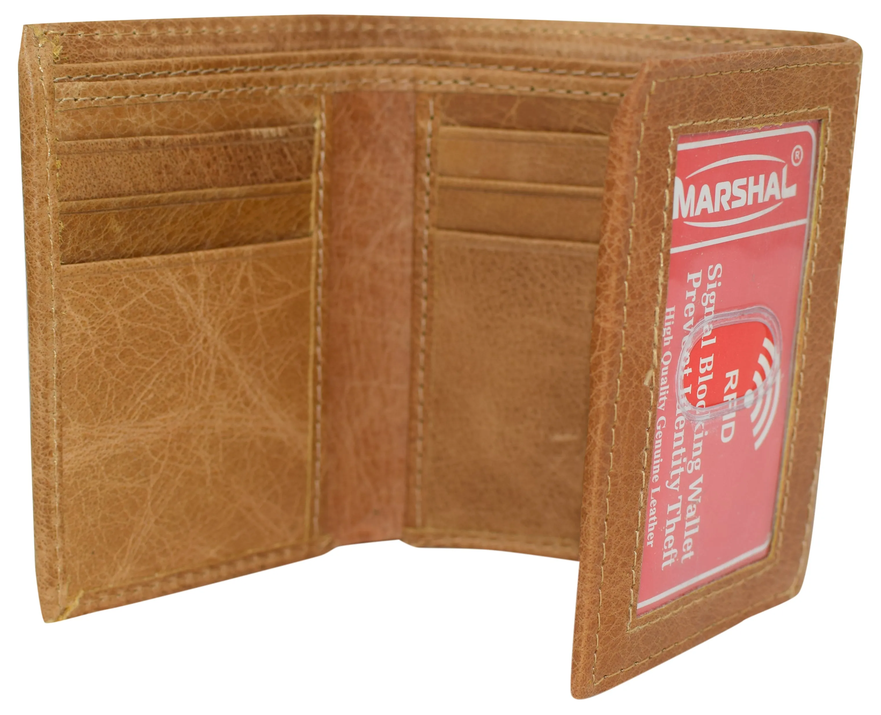 RFID621355TN Marshal RFID Blocking Men's Cowhide Leather Outside ID Credit Card Holder Trifold Tan Wallet