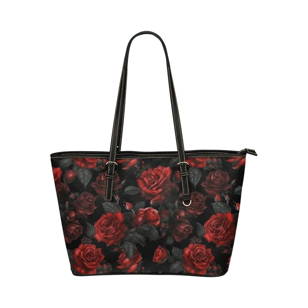 Rose Tote Bag Purse, Red Black Gothic Floral Flowers Print Handbag Women Vegan Leather Zip Top Small Large Designer Shoulder Work Ladies