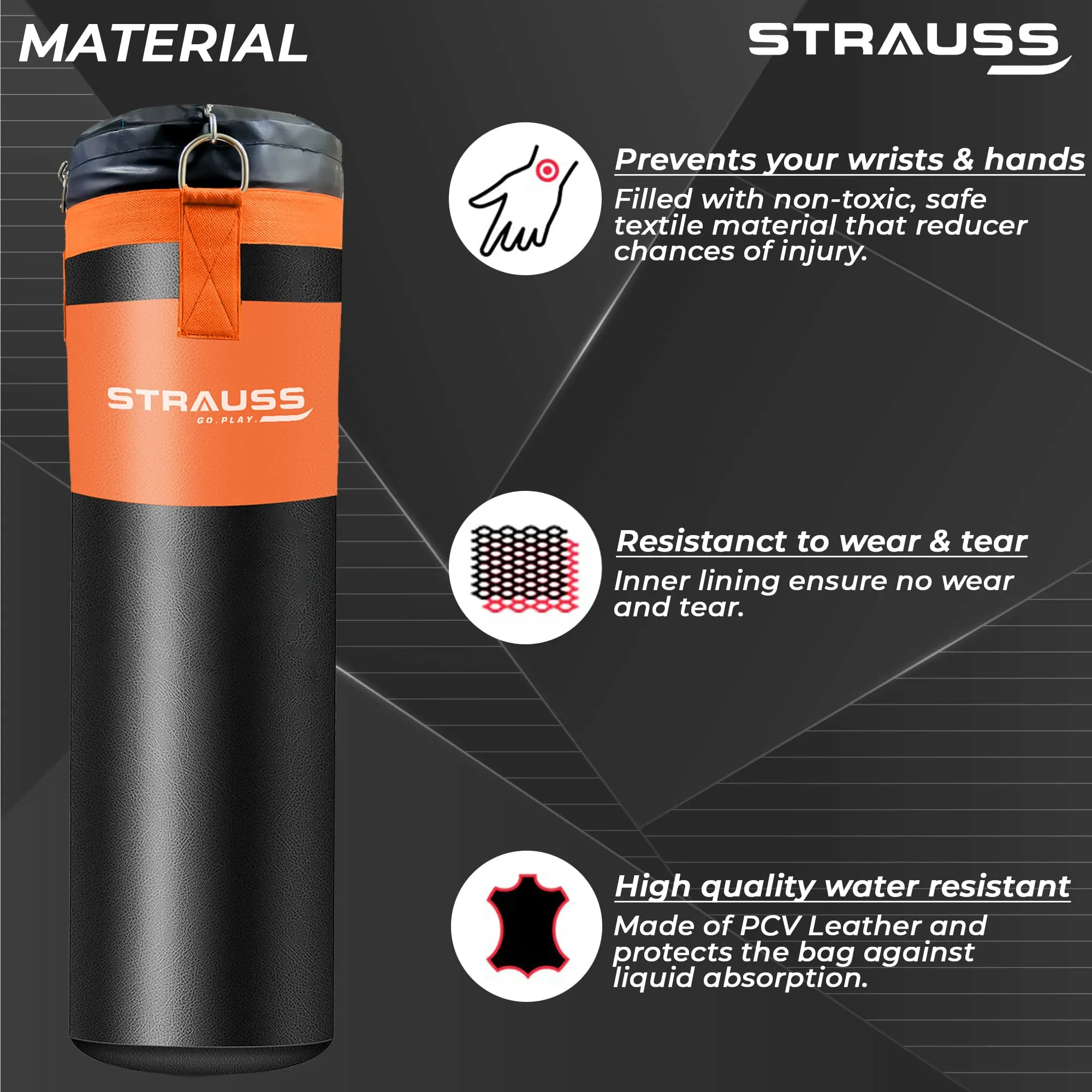 Strauss Canvas Heavy Duty Filled Gym Punching Bag|Hanging S Hook, Zippered Top Head Closure,Heavy Straps|Ideal for Boxing, MMA,Muay Thai|Boxing Bag for Home Gym & Fitness Training|4 Ft,(Black/Orange)