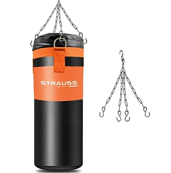 Strauss Canvas Heavy Duty Filled Gym Punching Bag|Hanging S Hook, Zippered Top Head Closure,Heavy Straps|Ideal for Boxing, MMA,Muay Thai|Boxing Bag for Home Gym & Fitness Training|4 Ft,(Black/Orange)