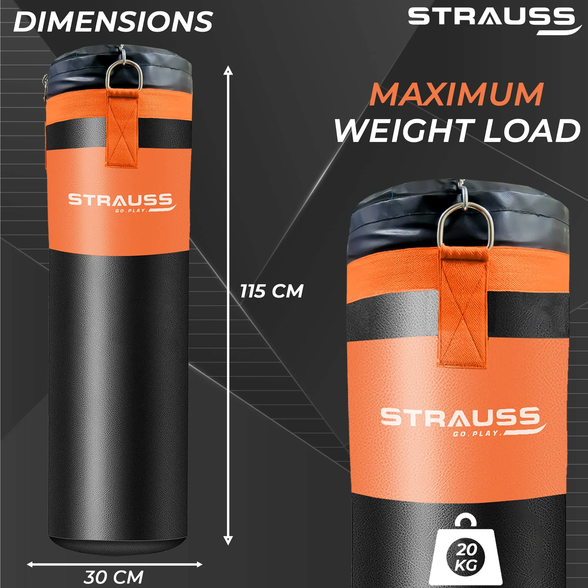 Strauss Canvas Heavy Duty Filled Gym Punching Bag|Hanging S Hook, Zippered Top Head Closure,Heavy Straps|Ideal for Boxing, MMA,Muay Thai|Boxing Bag for Home Gym & Fitness Training|4 Ft,(Black/Orange)