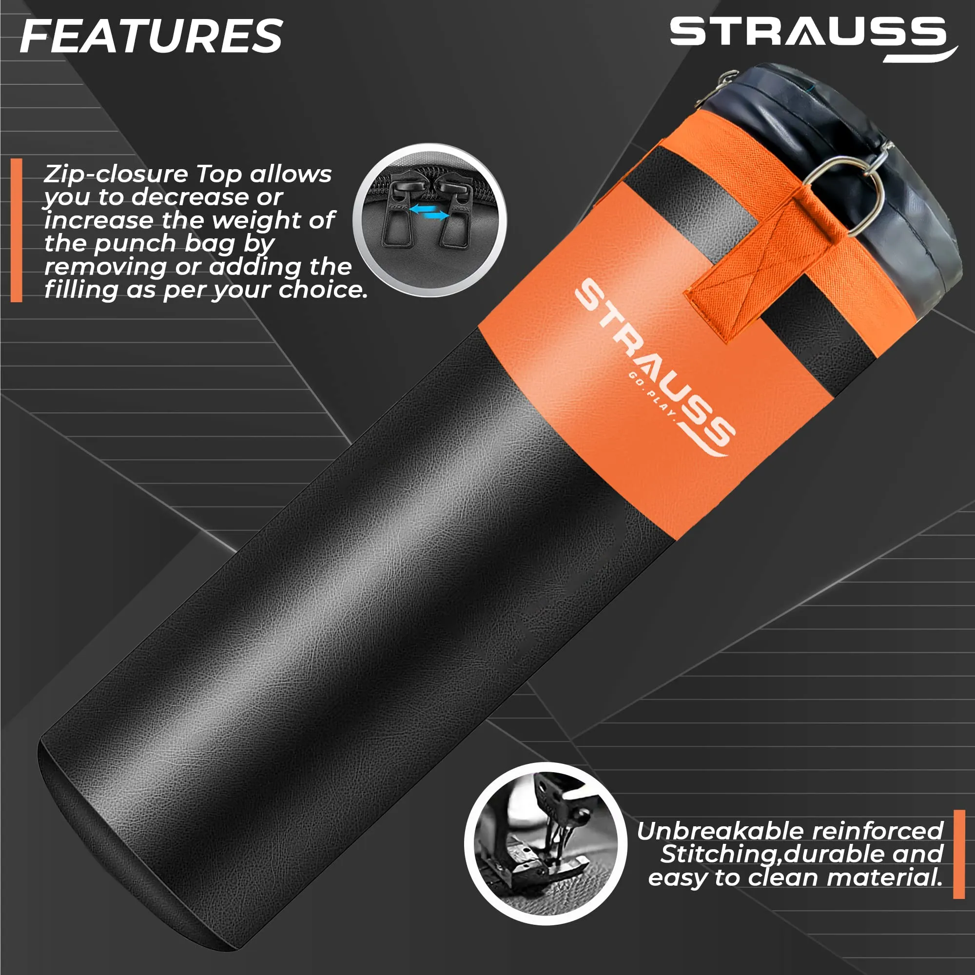 Strauss Canvas Heavy Duty Filled Gym Punching Bag|Hanging S Hook, Zippered Top Head Closure,Heavy Straps|Ideal for Boxing, MMA,Muay Thai|Boxing Bag for Home Gym & Fitness Training|4 Ft,(Black/Orange)