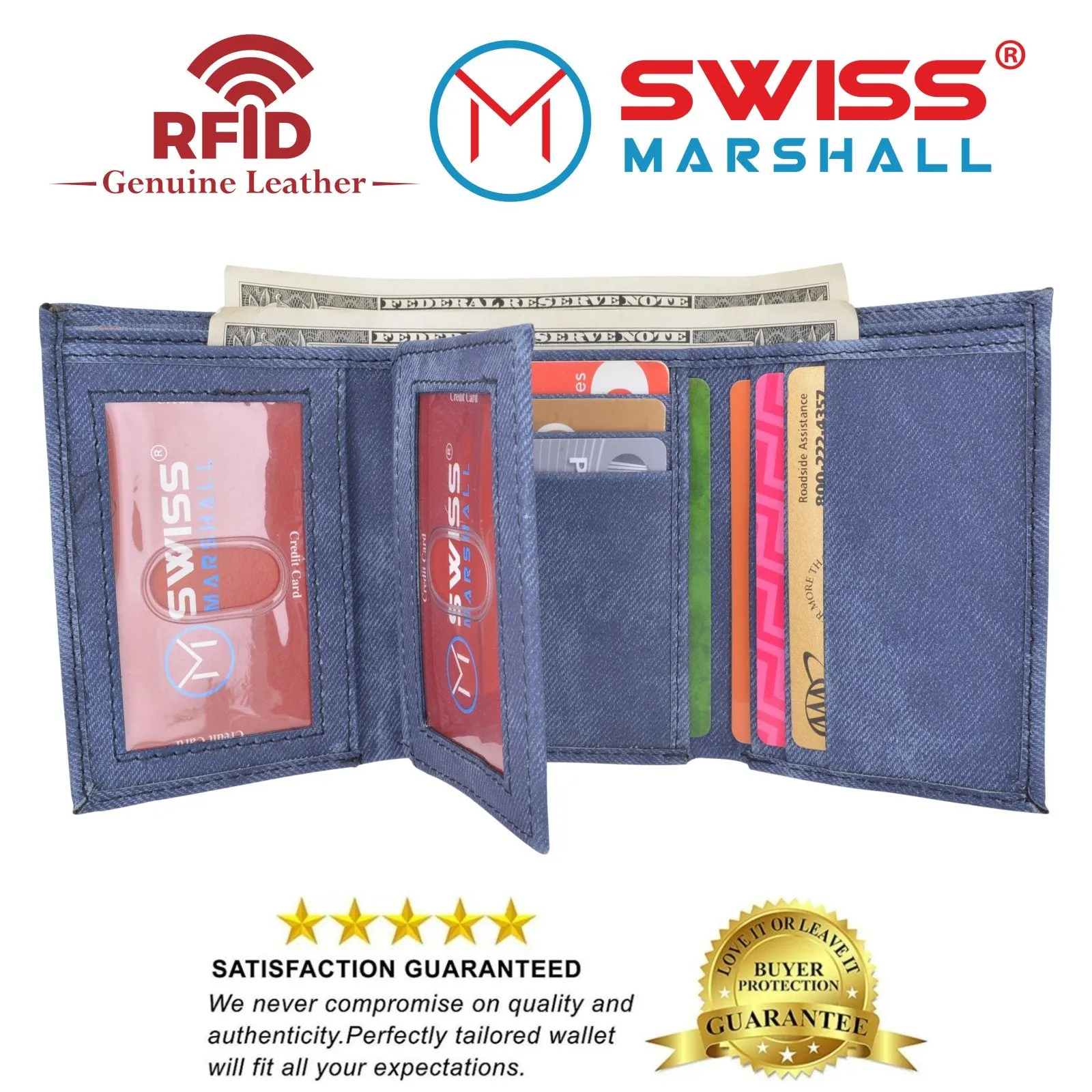 Swiss Marshall Men's Vegan Leather RFID Trifold Wallet with 2 ID Windows Extra Capacity RFID531107VG