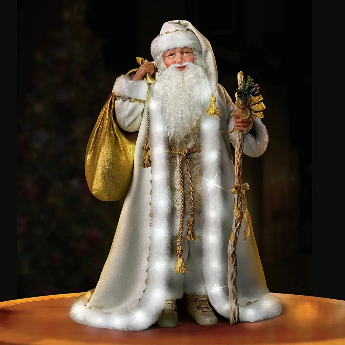 The Ashton-Drake Galleries White Christmas Decoration Musical Santa Claus Portrait Doll With A Beautiful Gold Filigree Robe Lined with 40 Sparkling LED Lights Plays Melody White Christmas 25"-Inches