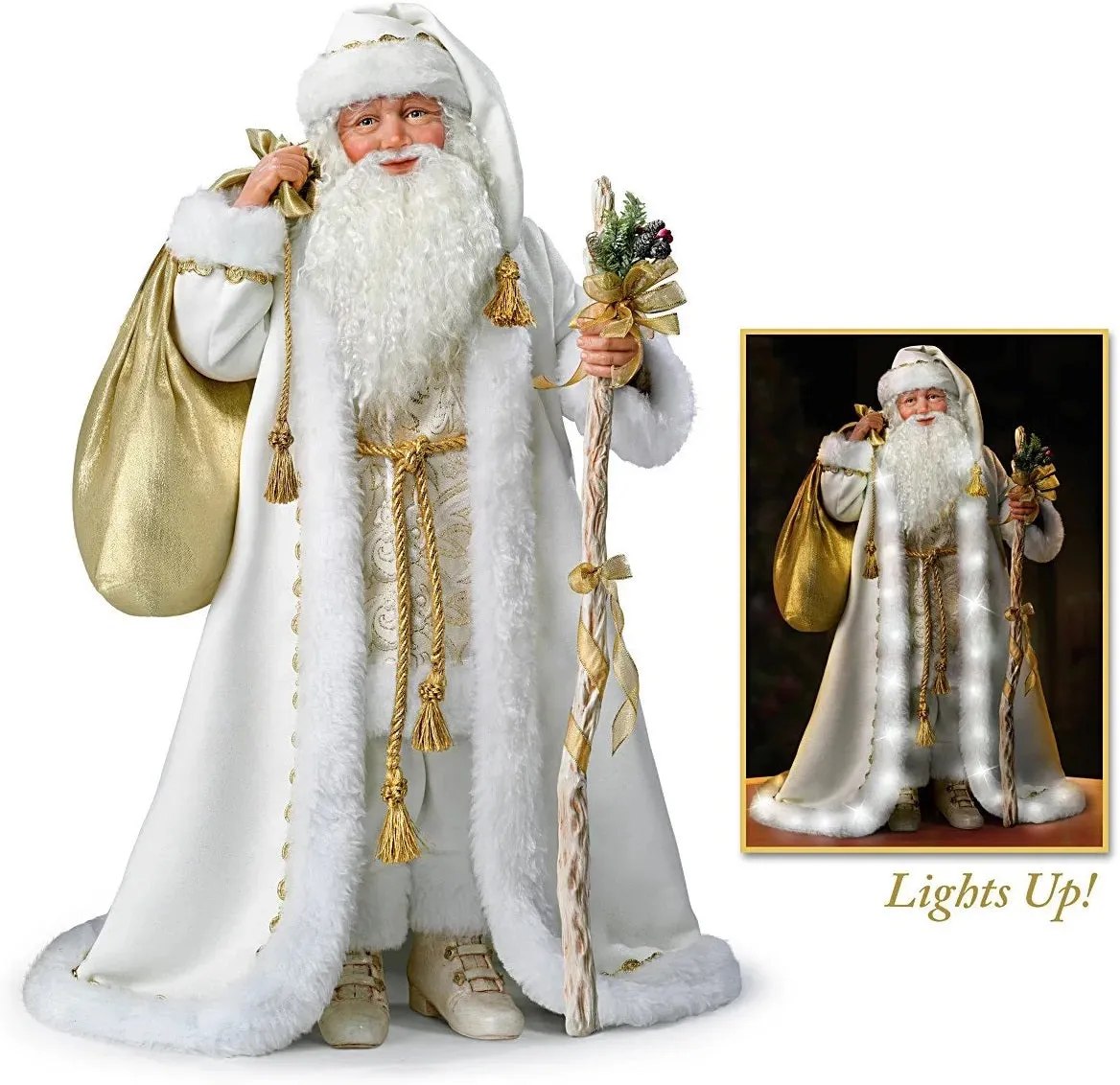 The Ashton-Drake Galleries White Christmas Decoration Musical Santa Claus Portrait Doll With A Beautiful Gold Filigree Robe Lined with 40 Sparkling LED Lights Plays Melody White Christmas 25"-Inches