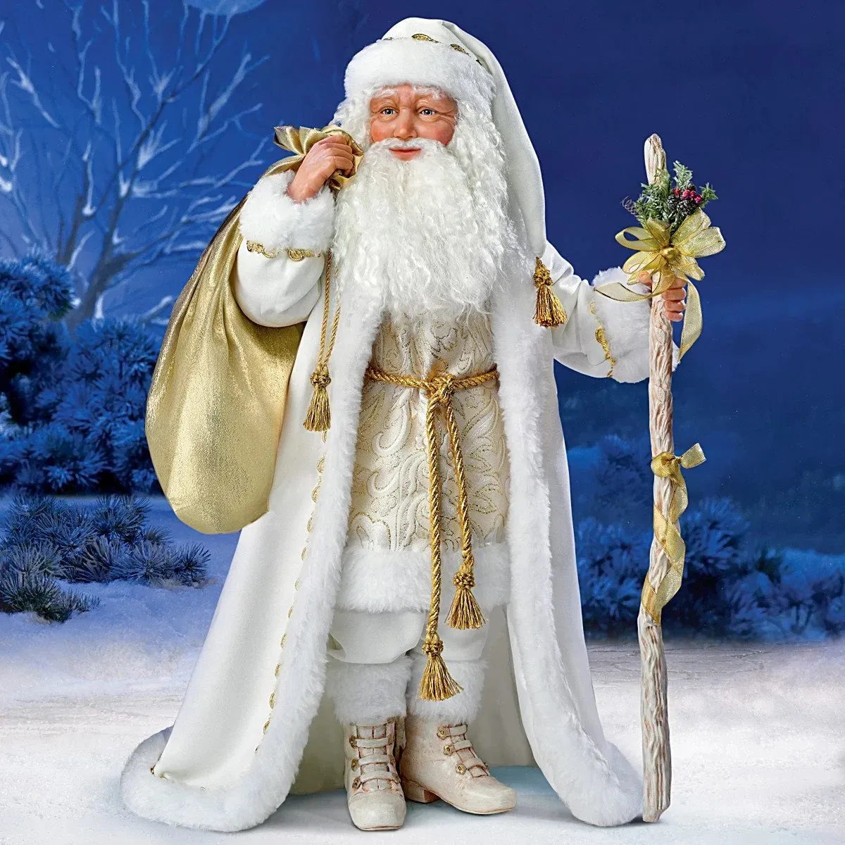 The Ashton-Drake Galleries White Christmas Decoration Musical Santa Claus Portrait Doll With A Beautiful Gold Filigree Robe Lined with 40 Sparkling LED Lights Plays Melody White Christmas 25"-Inches