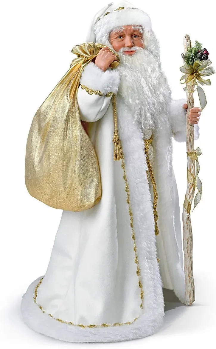 The Ashton-Drake Galleries White Christmas Decoration Musical Santa Claus Portrait Doll With A Beautiful Gold Filigree Robe Lined with 40 Sparkling LED Lights Plays Melody White Christmas 25"-Inches