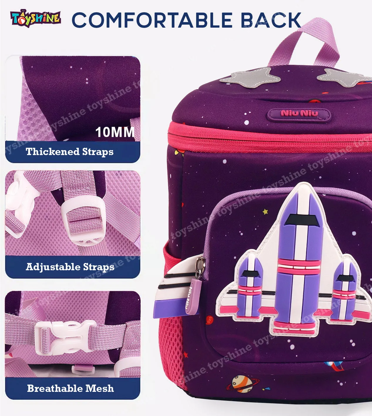 Toyshine 10" Space Shuttle Backpack for Kids Girls Boys Cute Toddler Backpack Preschool Nursery Travel Bag - Purple