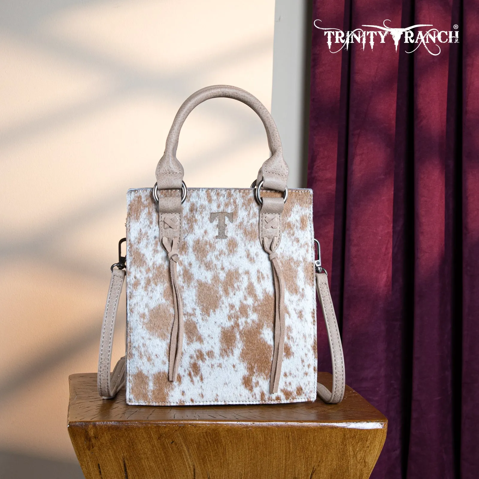 TR183-8360  Trinity Ranch Hair On Cowhide Top Handle Tote/Crossbody - Tan