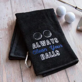 Tri-Fold Golf Towel Embroidered With Cheeky Clean Your Balls Logo