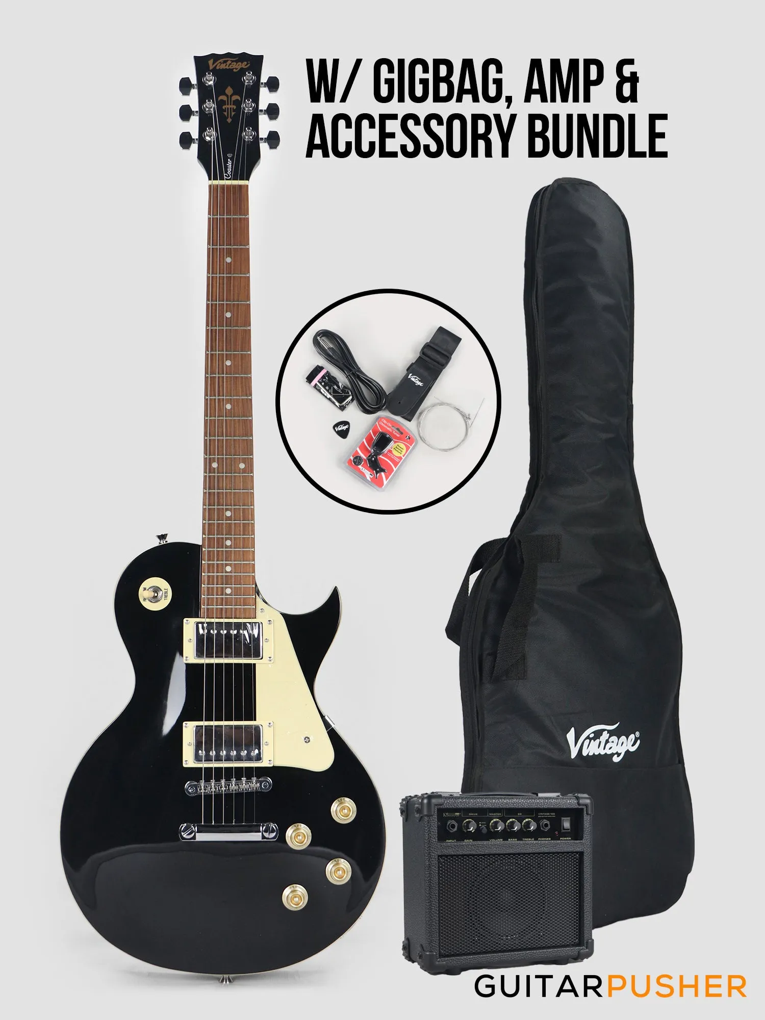 Vintage Coaster Series V10 Singlecut Electric Guitar w/ Kinsman 10-Watt Amplifier, Gig Bag, & Accessories - Boulevard Black