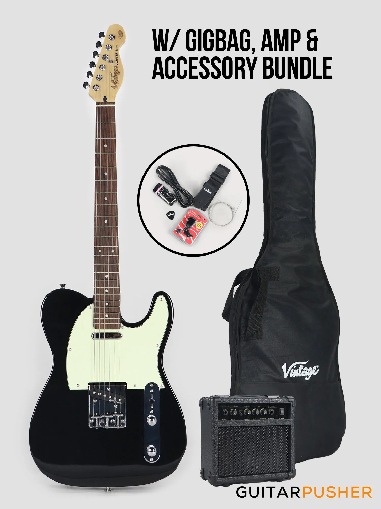 Vintage Coaster Series V20 T-Style Electric Guitar w/ Kinsman 10-Watt Amplifier, Gig Bag, & Accessories - Boulevard Black