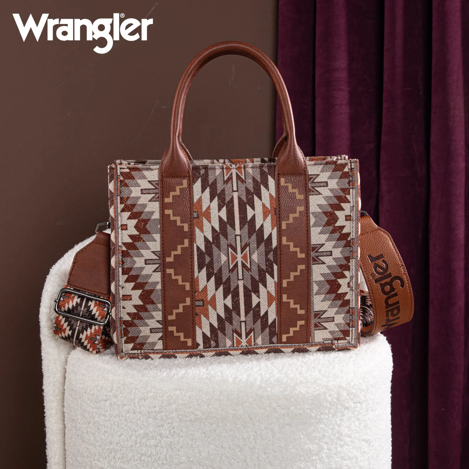 WG2213-8120S  Wrangler Southwestern Pattern Dual Sided Print -Tote/Crossbody - BROWN