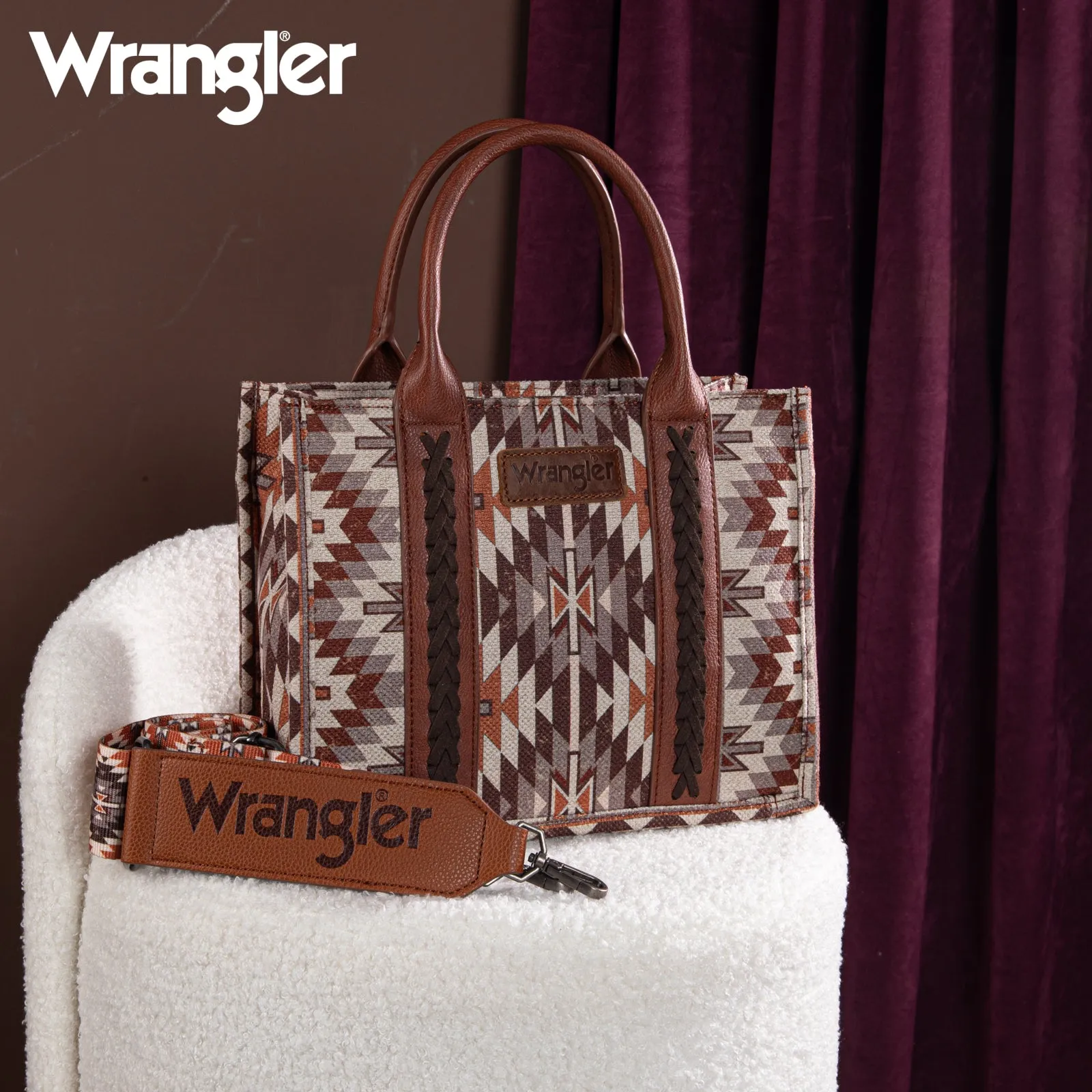 WG2213-8120S  Wrangler Southwestern Pattern Dual Sided Print -Tote/Crossbody - BROWN