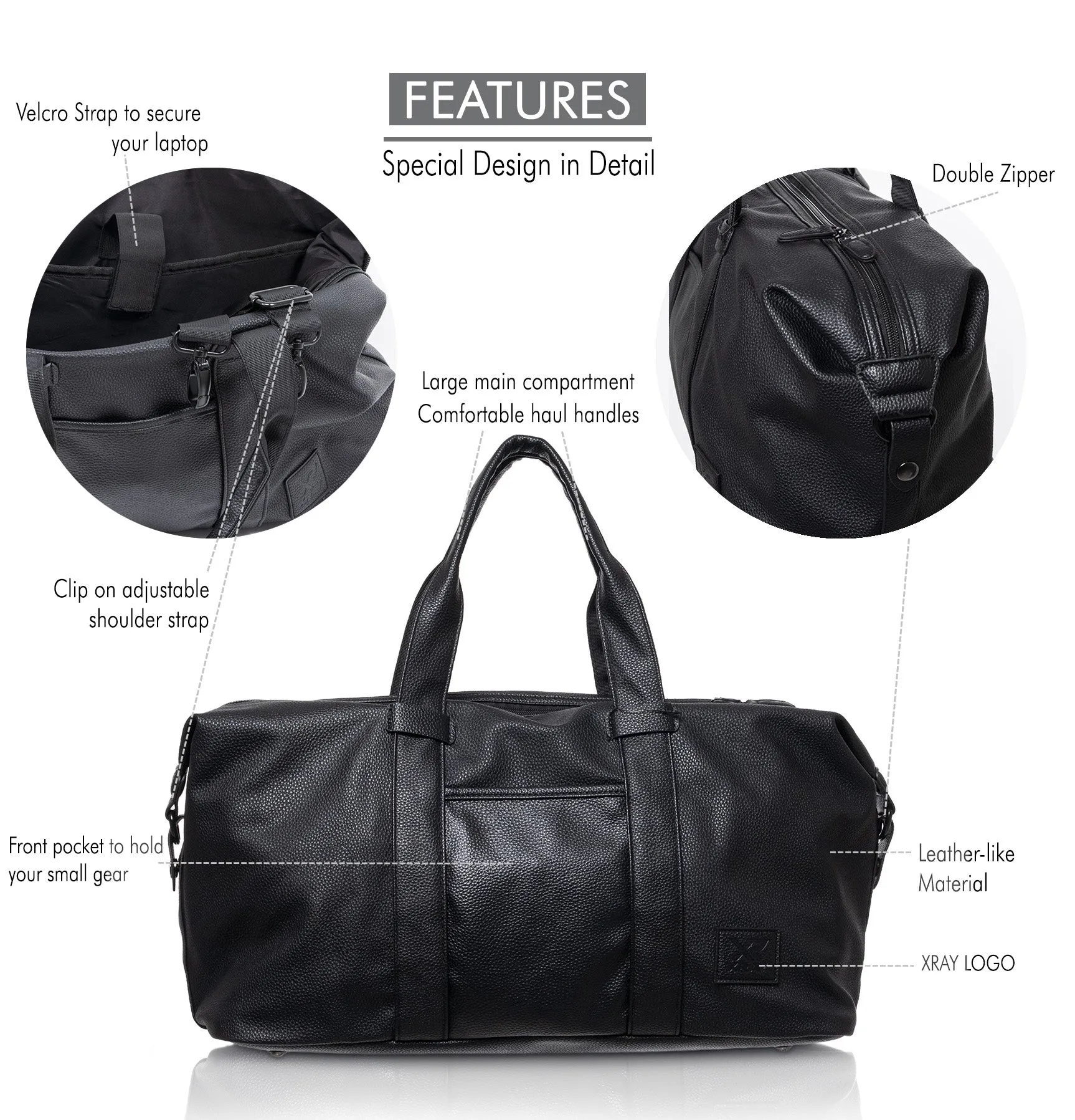 X RAY Men's Women's Classic Pebbled Faux PU Leather Large Travel Duffel Bag for Unisex