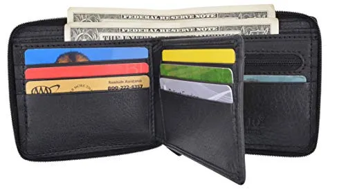 Zip-Around Men's Genuine Leather Credit Card ID Holder Bifold Zippered Wallet